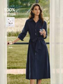 Briarwyn 女士休闲字母刺绣腰带中长衬衫裙，春秋装，秋季服装，返校服装，复古风格女装，女士教师装，返校节礼服 - 藏蓝色 - 查看 6