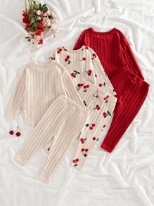 SHEIN Playful Pals 6 件套女婴秋冬新款罗纹针织面料杏色樱桃印花纯色服装，3 件套长袖上衣和裤子，时尚休闲可爱套装 - 彩色 - 查看 2