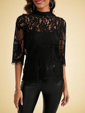 Amorya Women's Spring Stand Collar Lace Top