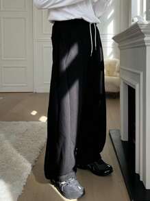 DAZY 男式宽松抽绳腰羊毛运动裤，黑色，秋冬 - 黑色 - 查看 5