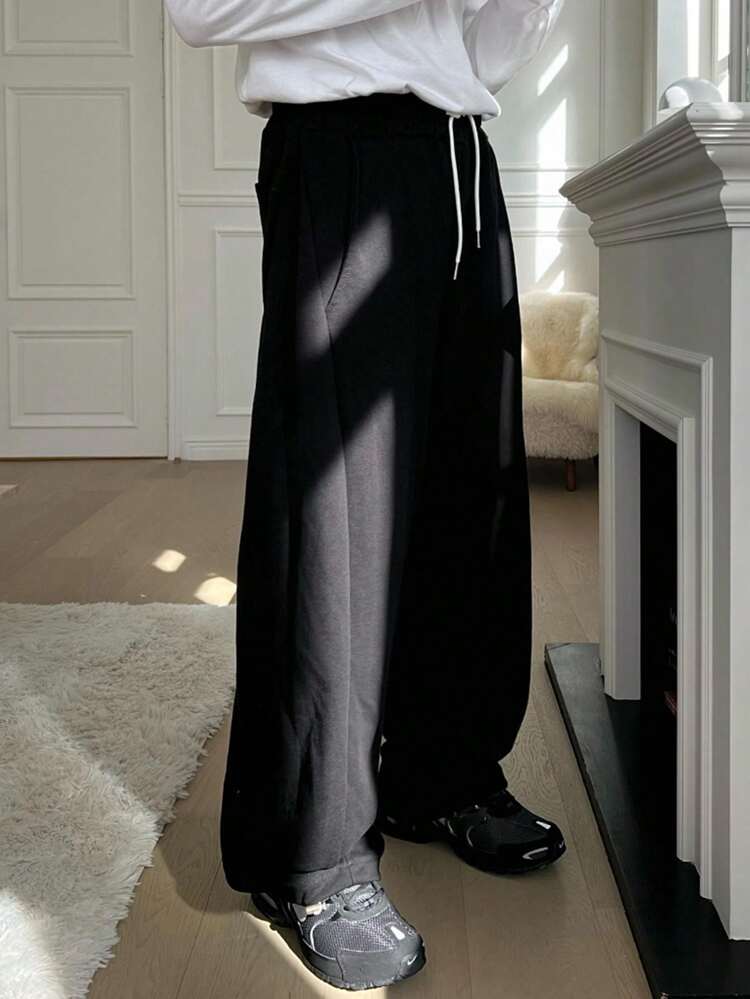 Men's Loose Drawstring Waist Fleece Sweatpants, Black, Autumn/Winter