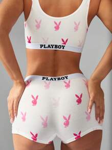 Missguided x Playboy 经典 Bralette 平角裤套装，兔子印花设计图案，柔软透气配套内衣套装，家居服，夏季春季舒适 - 白色 - 查看 4