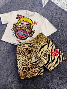 SHEIN 说唱歌手，涂鸦肖像，虎纹，钻石，富丽堂皇，街头风格。儿童精选系列，日常基础款，快乐童装，柔和色彩，骑行风，家庭旅行，快乐时光，我爱妈妈，我爱爸爸，可爱的家，酷酷的童装，青少年男孩休闲简约短袖圆领两件套，适合夏季