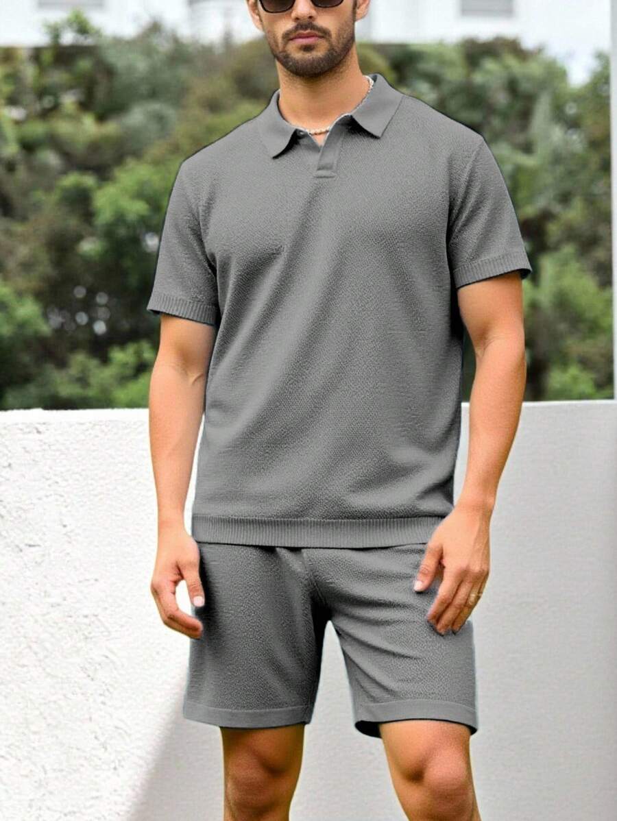 Manfinity Homme 男士纯色短袖针织上衣和针织短裤休闲套装 - 深灰色 - 查看 1