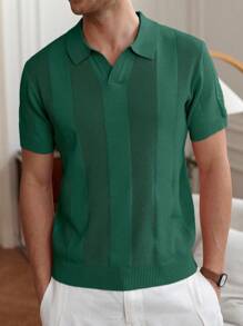 Manfinity Homme Men's Summer Casual Striped Patchwork Knit Top Men Green Knitted Polo Men Summer Polo Shirt - Dark Green - View 6