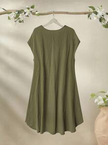 Rusticease 大码女式夏季休闲度假圆领短袖纯色军绿色口袋连衣裙 - 軍綠色 - 查看 2
