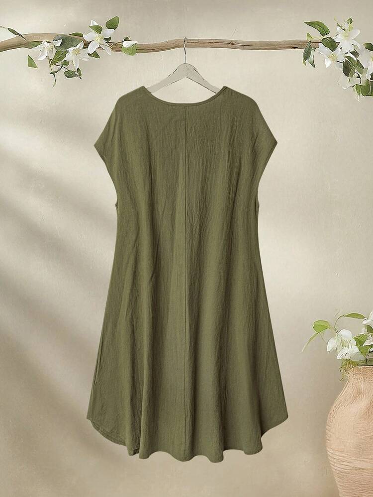 Plus Size Women Summer Holiday Country Casual Vacation Round Neck Short Sleeve Solid Color Military Green Pocket Dress,Fall Women Clothes ,Summer Holiday,Vacation Outfits Women,Simple And Fashionable For Everyday Wear,Vacay Vibes,Springbreak,Casual Wear SS,Bohemia,Summer Dresses For Women,Flowy Dress,Comfortable And Breathable