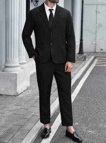 Manfinity Mode Plus Size Men's Solid Color Lapel NeckLong Sleeve Jacket And Pants Casual Suit Set - Black - View 5