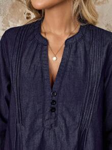 EMERY ROSE 新款女士牛仔连衣裙长袖中长半开襟宽松A字牛仔连衣裙/深蓝色连衣裙/秋季服装/女士办公室服装/生日礼服/女士外出上衣/教师服装/乡村音乐会服装/女士街头服饰/商务休闲/返校服装/女士秋装/素色连衣裙 - 深色水洗藍 - 查看 5