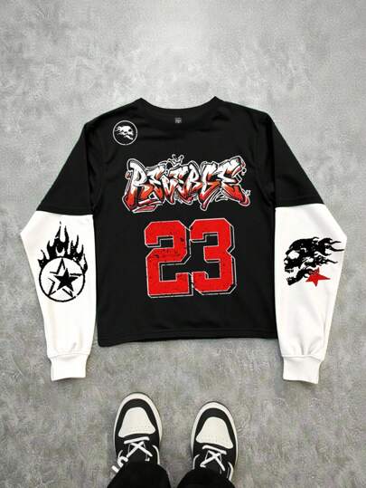 Manfinity Dauomo Men's Numeric Flame Print Contrast Color Round Neck Long Sleeve T-Shirt