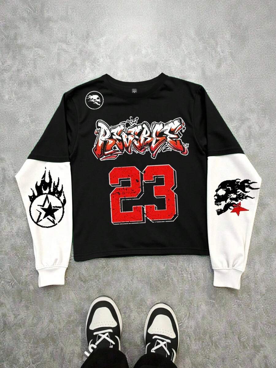 Manfinity Dauomo 男式数字火焰印花撞色圆领长袖T恤 - 黑與白 - 查看 1