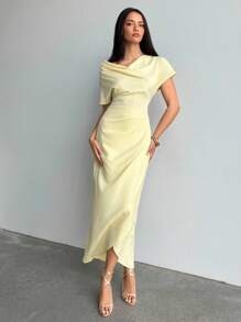 Aloruh 女款淡黃色圍裹式垂領抓皺設計長洋裝，優雅夏季婚禮賓客穿搭，適合畢業典禮、教師服裝與通勤 - 黃色 - 查看 3