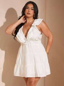 SHEIN BAE فستان قصير مطابق من الكتان الأبيض الصلب بياقة على شكل حرف V وأكمام قصيرة للربيع/الصيف/فستان كوستيوم حجم كبير لعيد الهالوين/فستان ضيف الزفاف/فساتين نسائية صغيرة الحجم للمنحنيات/عيد الحب/فساتين صيفية للنساء/ملابس مهرجان للنساء/فستان عيد ميلاد/فستان حفل الخريجين/فستان رسمي للحجم الكبير/فستان حفلة الشاي/فساتين عيد ميلاد للنساء/فستان أبيض كامل