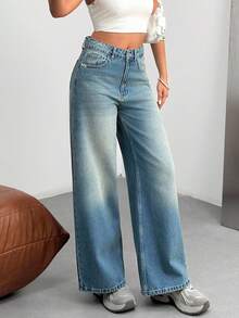 EURMUSE Dżinsy z wysokim stanem i szerokimi nogawkami w swobodnym stylu - Średni jeans - Zobacz 2