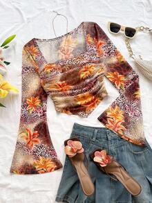 Soleia Áo crop top nữ cổ vuông tay loe họa tiết hoa báo nâu, viền bất đối xứng, thích hợp mặc trong các dịp lễ, hẹn hò, trà chiều, kỳ nghỉ trên đảo, du ngoạn trên biển, nghỉ dưỡng thành phố, lễ hội âm nhạc, kỳ nghỉ Boho, có thể mặc trong nhà hoặc ngoài trời, trang phục thường ngày - màu nâu - Xem 6