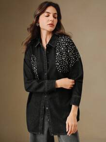 Anewsta Vintage Embellished Rhinestone & Pearl Decorated Denim Blouse For Women, Suitable For Spring, Holiday, Casual, Festival, Vacation, Elegant - Black - View 4