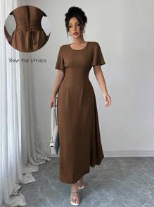 Elenzga 女士优雅A字型无袖连衣裙，夏季 - 棕色 - 查看 3