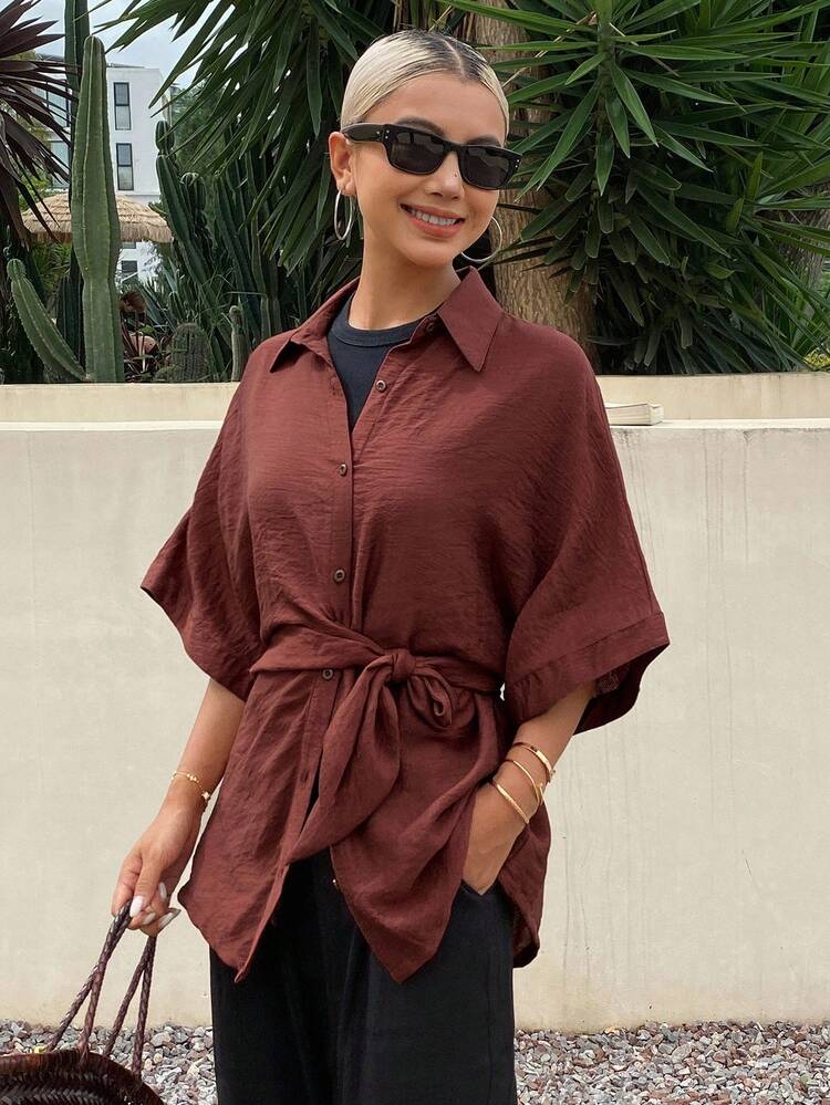Fall Casual Solid Color Tie-Up Asymmetric Women Shirt
