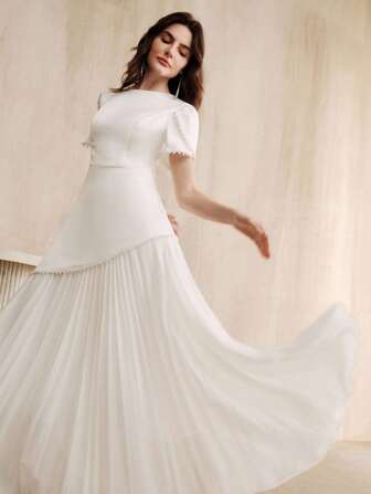 Anewsta Biała plisowana sukienka damska z szyfonu z koralikami, nowość na wiosnę/lato