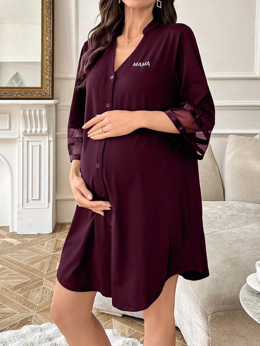 Chiffon Patchwork 3/4 Sleeve Loose V-Neck Cardigan Maternity Loungewear Dress