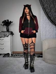 Flirla Grunge Punk Halloween Cute Cat Ear Striped Long Sleeve Comfortable Jacket Zip Up Hoodie Women Cat Ear Hoodie Fall Winter Cloth For Women Autumn - Black - View 4