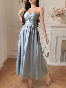 DAZY 纯色褶皱连衣裙，夏季女装连衣裙，吊带裙 - 藍色 - 查看 6