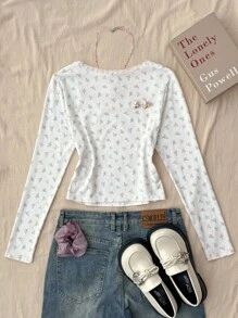 少女紧身蕾丝蝴蝶结长袖T恤，秋冬季舒适穿着，适合派对、街头、返校 - 彩色 - 查看 2