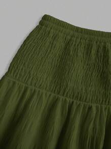 SHEIN MOD 休闲纯色军绿色女式A字裙，适合春、夏、秋季 - 軍綠色 - 查看 3