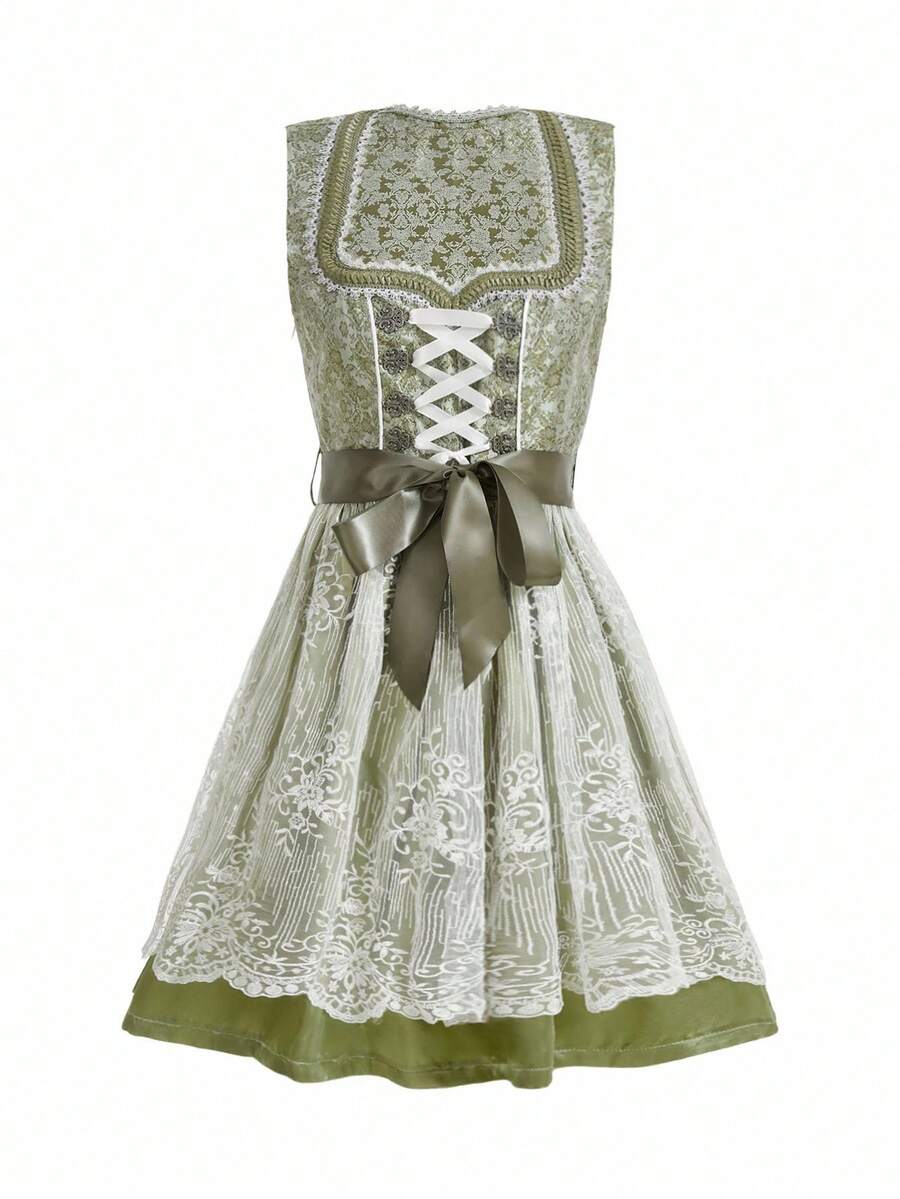 SHEIN Frenchy Robe sans manches vintage pour femmes avec contraste de maille brodée - Vert - Voir 1