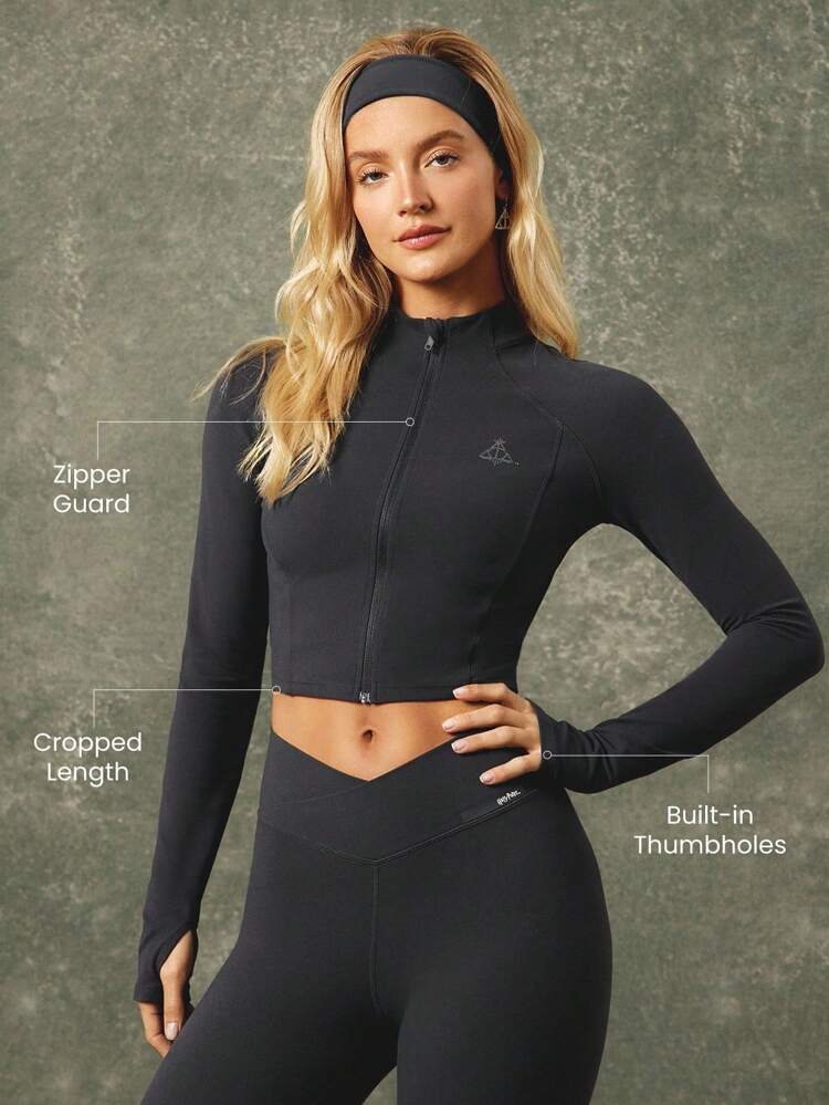 X Harry Potter FeatherFit™ Maglia in tessuto traspirante, morbida e elastica, con zip frontale, grafica, corta, manica lunga, per yoga, pilates, barre, uso quotidiano e casual