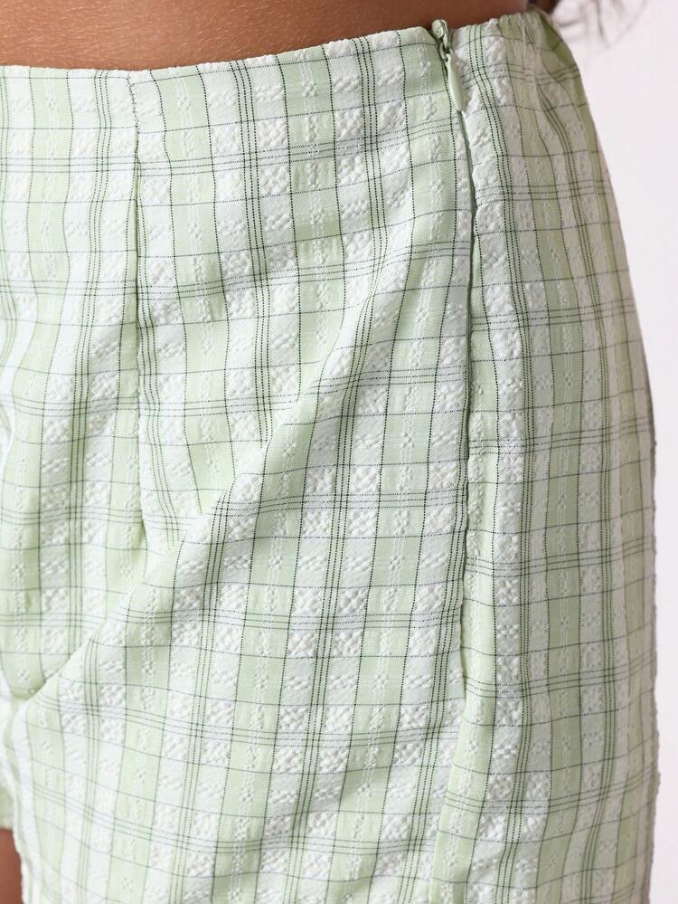 깅엄 체크 탱크탑과 하이웨이스트 반바지 세트