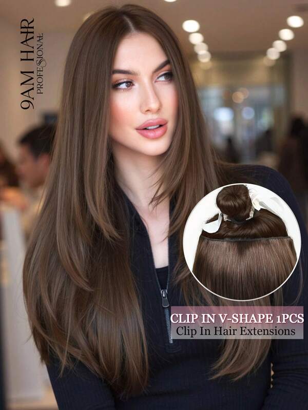 Extensión de cabello con clips en forma de V, 100% cabello humano, 1 pieza con 4 clips, color marrón oscuro, cabello liso para mujeres, fácil de peinar con rizador y plancha, invisible, adecuado para añadir volumen, ligero para uso todo el día