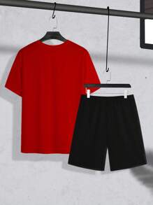 Manfinity Homme Herren Große Größen Set aus Rundhals Kurzarm Lässig T-Shirt mit Buchstaben-Muster und Shorts mit Kordelzug Taille - Verschiedenfarbig - Übersicht 3