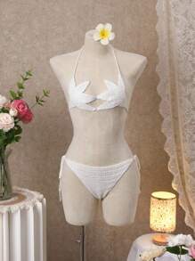 SHEIN Swim 2pcs/Set Women's Fashion Solid Color Beach Starfish Style Spaghetti Strap Backless Sexy Bikini Set For Summer Beach Vacation - White - View 5