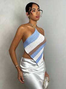 SHEIN PETITE 春夏海滩风格格子条纹露背系带蝴蝶结女士针织毛衣上衣 - 彩色 - 查看 3