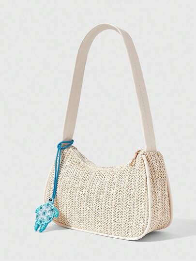 Fairycore 1pc Bohemian Style Beach Bag, Hollow Out Net Tote Bag For Women, Suitable For Vacation, Comes With Bag Charm & Tropical Flower Decor