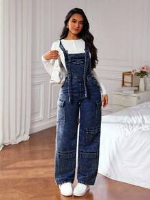 SHEIN ICON Casual Fashion Versatile Pocket Wide Strap Women Denim Overalls - Dark Wash - View 3