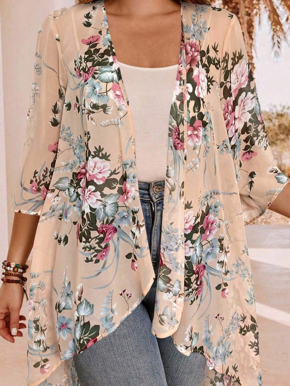 Plus Size Elegant Cream Sequin Holiday Asymmetrical Hem Front Open Lightweight Summer Jacket,Country Casual Vacation Outfits Woman,Western Teacher