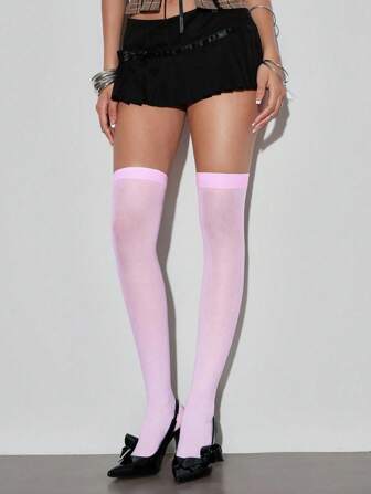 Goth 1 paire de chaussettes hautes minimalistes, chaussettes hautes sexy rose unicolore style scolaire, collants transparents ultra-fins et élastiques