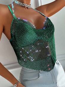 Zolique Top de camiseta con aplicación de red de diamantes de imitación para ropa de fiesta de vacaciones - Verde - Ver 6
