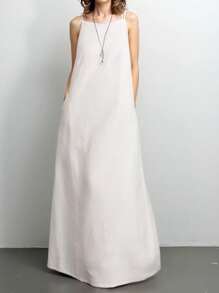 INAWLY Women's Casual Holiday Elegant Spaghetti Strap Pocketed Dress, Minimalist & Romantic - White - View 2