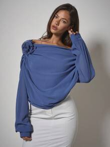 COSMINA Áo cánh ren trang trí hoa 3D trơn màu thanh lịch cho nữ, áo trễ vai, quần áo nữ mùa thu - Màu xanh lam - Xem 1