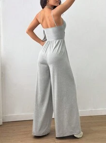 Flirla Women's Casual Pleated Loose Straight Leg Jumpsuit, Spring/Summer - Light Grey - View 2