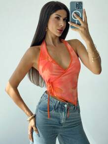 Firerie 女士性感度假橙色花卉印花吊带背心，收腰，腰部装饰，春夏服装，适合通勤、复古、度假、浪漫、约会、派对、工作、波西米亚风格