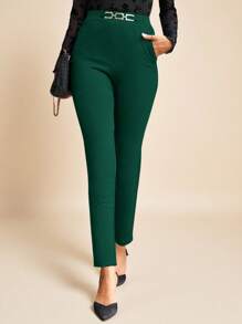 Amorya 裝飾有金屬鏈扣口袋的女士褲子 - 墨綠色 - 查看 3