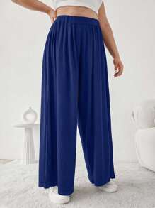 Plus Solid Strechy Viscose Fabric Wide Leg Pull On Summer Pants - Navy Blue - View 4