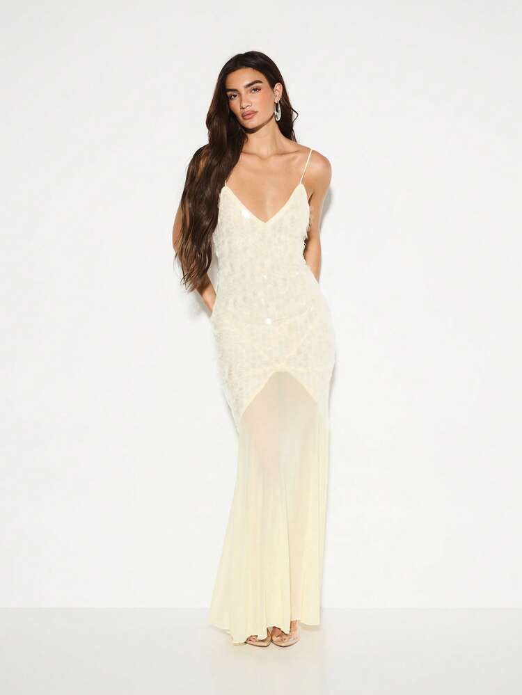 KIZN Sequin Mermaid Gown With Plunge Neckline And Flowing Skirt
