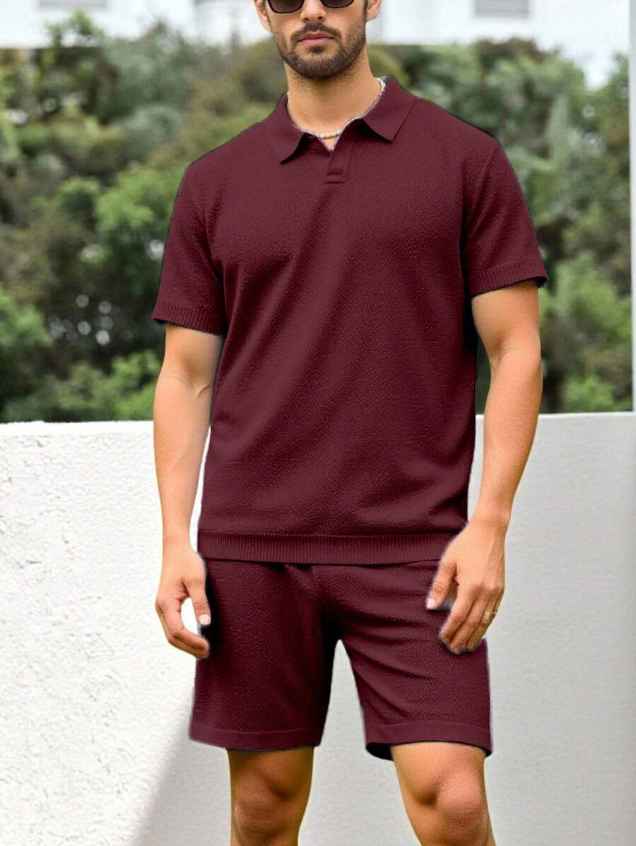 Manfinity Homme Men's Solid Color Short Sleeve Knit Top And Knit Shorts Casual Co-Ord Set , Fall Clothes - Burgundy - View 1