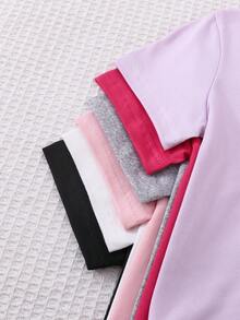 SHEIN Playful Pals 6件套婴幼儿女童百搭纯色宽松舒适柔软针织面料圆领短袖T恤上衣，性价比高，有黑色、粉色、白色、杏色、灰色、紫色可选，适合春夏休闲装 - 彩色 - 查看 5