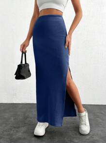 EURMUSE Women Solid Color Slit Detailed Tube Skirt - Dusty Blue - View 4